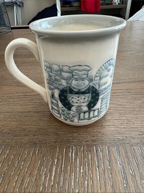 Biltons Cream Ceramic Stoneware Mug with Etched Blue Gray Bakery Scene.